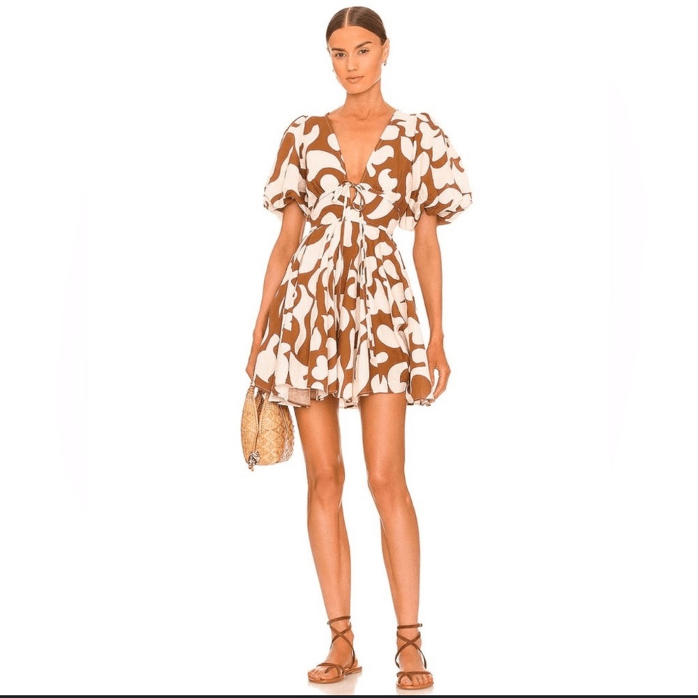 House of Harlow 1960 Brown and White Abstract Puff-Sleeve Mini Dress